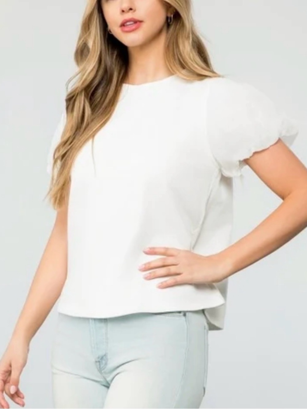 THML White Puff Sleeve Crewneck Blouse, Small